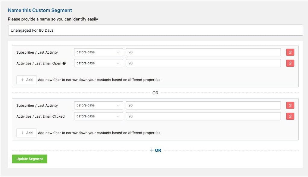 FluentCRM Dynamic Segment For Subscribers Unengaged for 90 Days