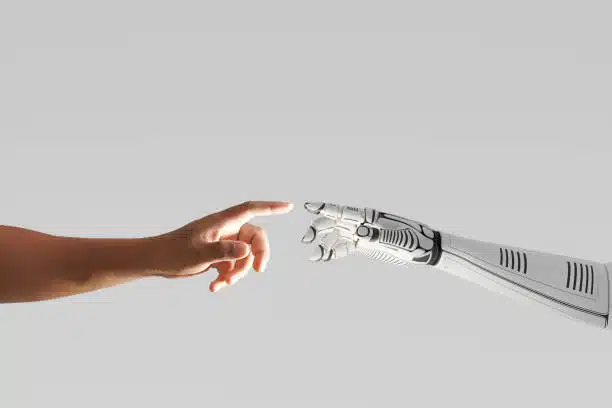 AI-driven hand reaching out to connect with a human hand