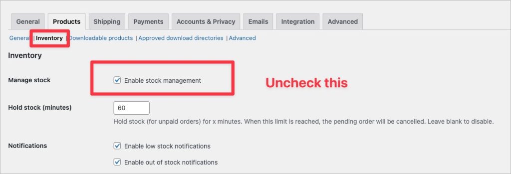Woocommerce Setup: Disable stock management
