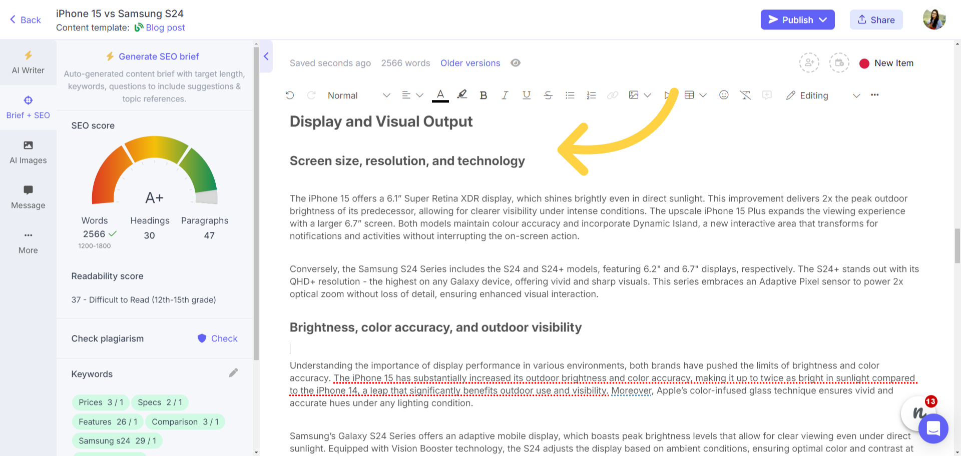 Product comparison article generated by AI