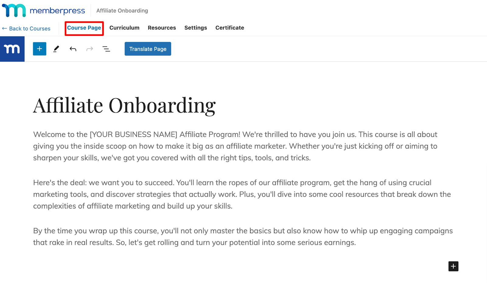 course page for onboarding course of affiliate porgram