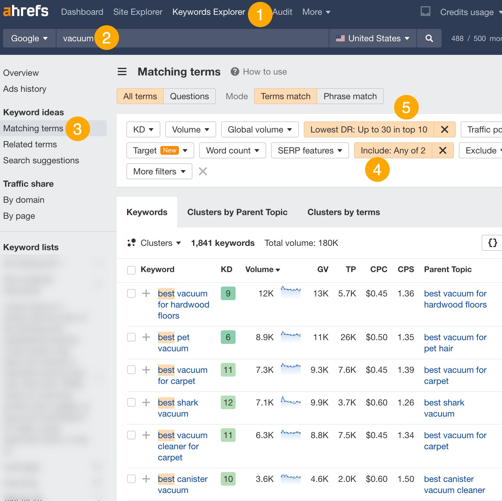 Finding a potential niche using Lowest DR and Include filters in Keywords Explorer