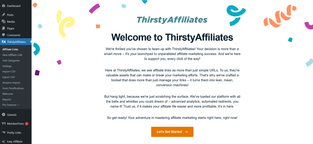 ThirstyAffiliates setup wizard homescreen 