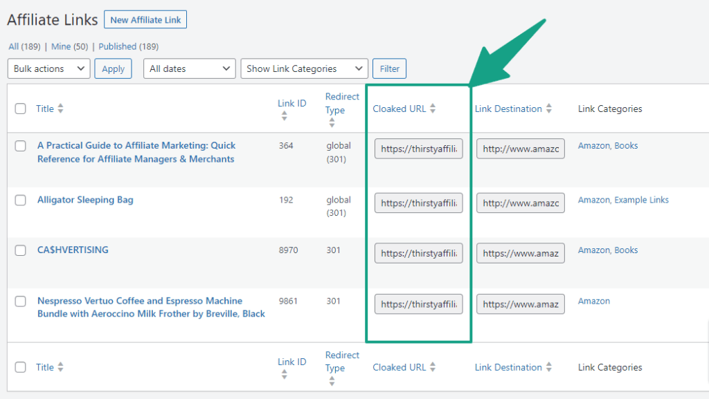 Cloaked affiliate links on the ThirstyAffiliates dashboard 