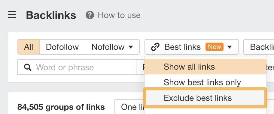 Filter for removing best links from Ahrefs' backlink reports