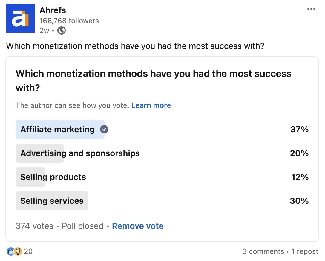 Monetization method poll results